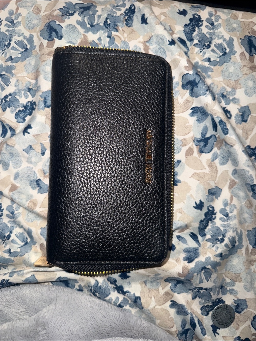 Michael Kors Black Pebbled Leather Zip Wallet with Gold Logo